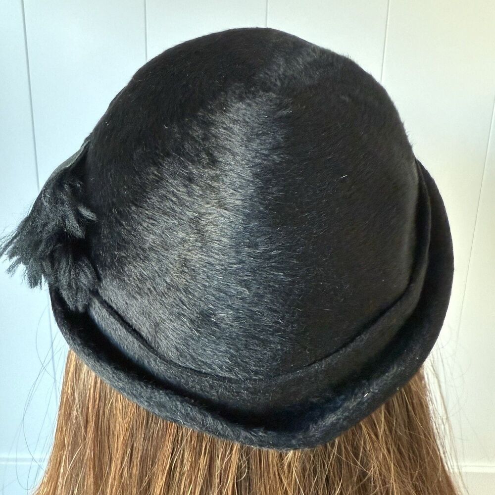 I. Magnin Vintage 40s 50s Black Wool Half Hat Tassel Scarf Fascinator Italy - Picture 2 of 13